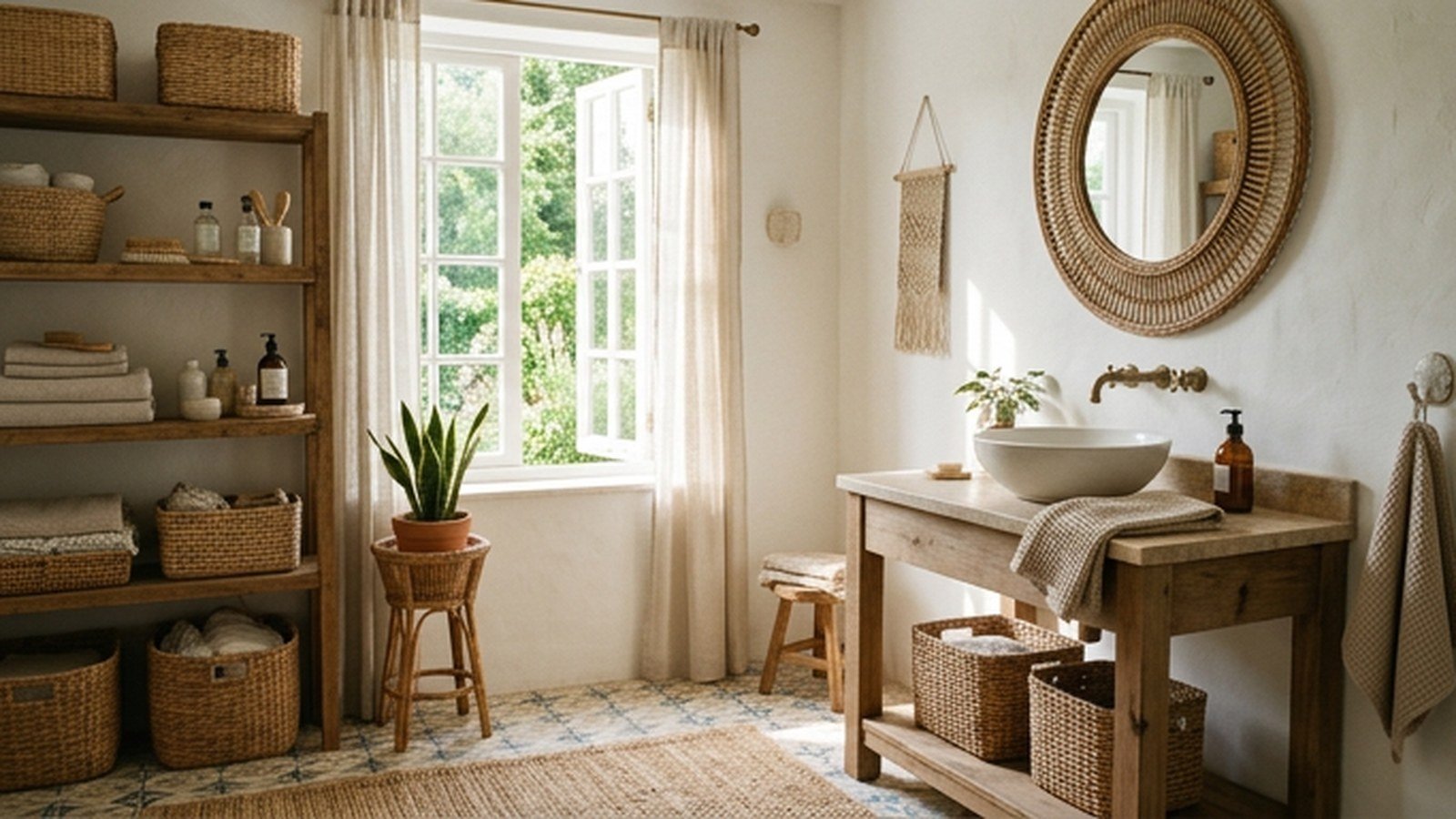 A breezy boho bathroom with wicker baskets and a wicker framed mirror