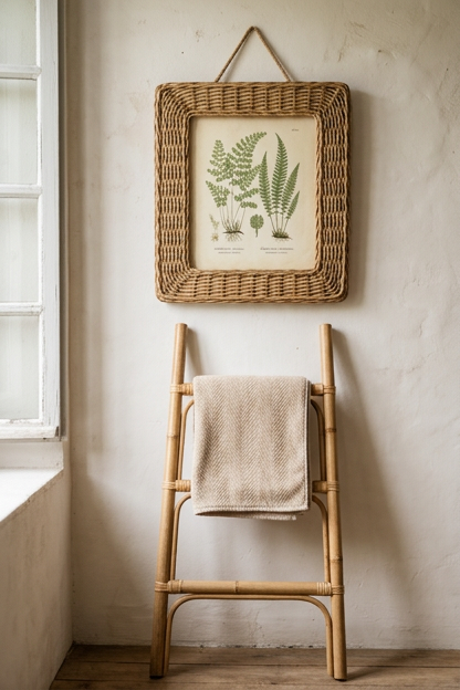 A wicker framed piece of art hanging on a dry bathroom wall