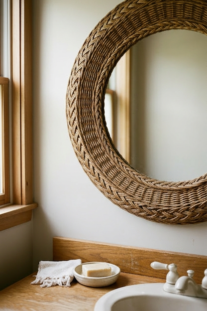 A wicker framed mirror above a bathroom vanity