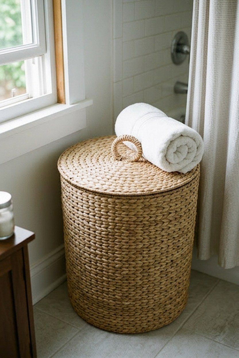 A wicker laundry hamper positioned in a bathroom corner