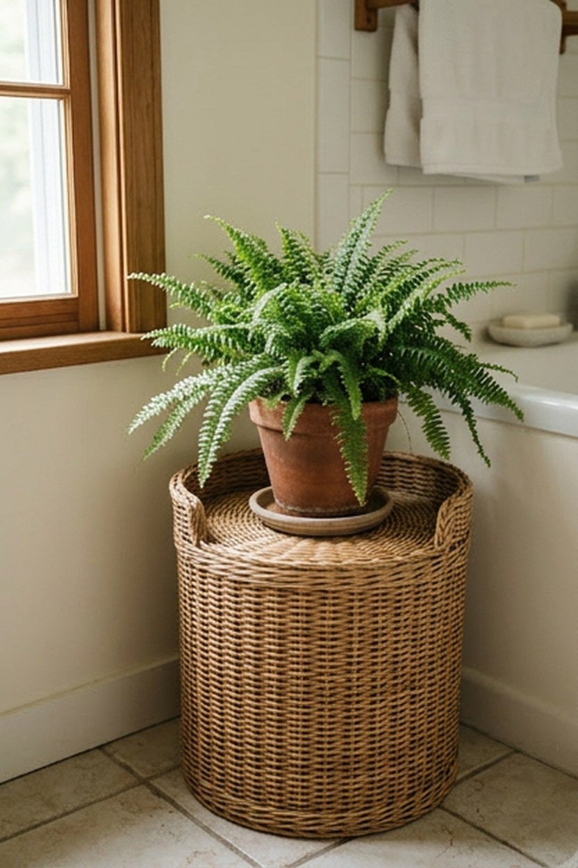 A wicker plant stand holding a fern in a bathroom corner