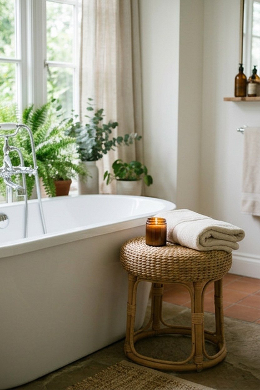 A small wicker rattan stool in a boho bathroom
