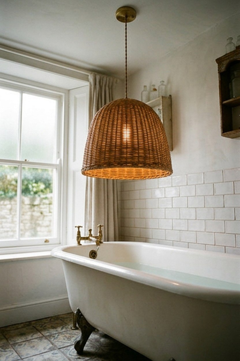 A wicker rattan pendant light fixture hanging in a bathroom