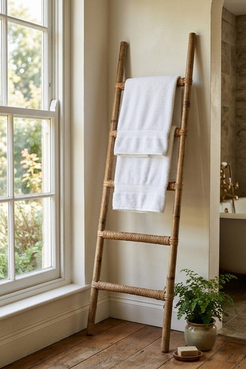 A wicker rattan towel ladder leaned against a bathroom wall