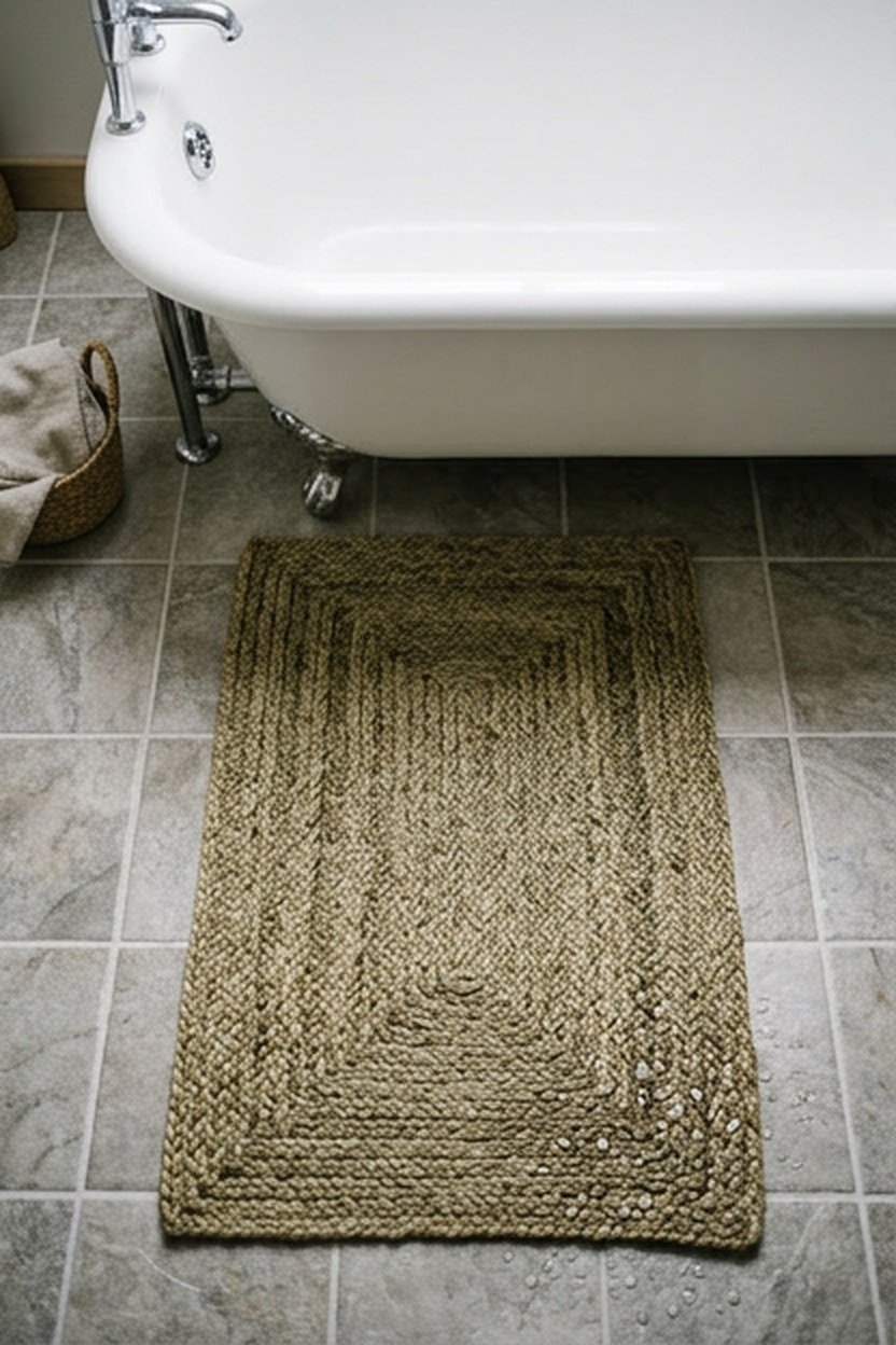 A natural wicker seagrass bath mat on a bathroom floor