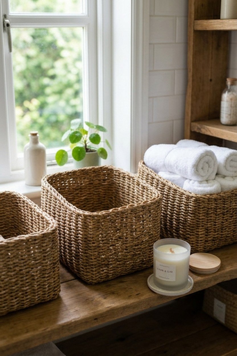 Wicker storage baskets lined up on open bathroom shelving