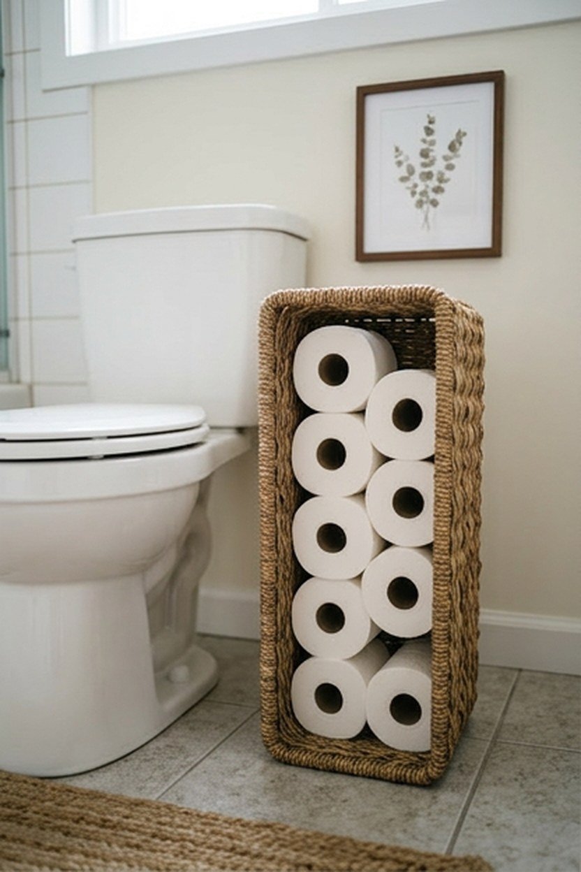 A wicker basket storing extra toilet paper rolls near a toilet