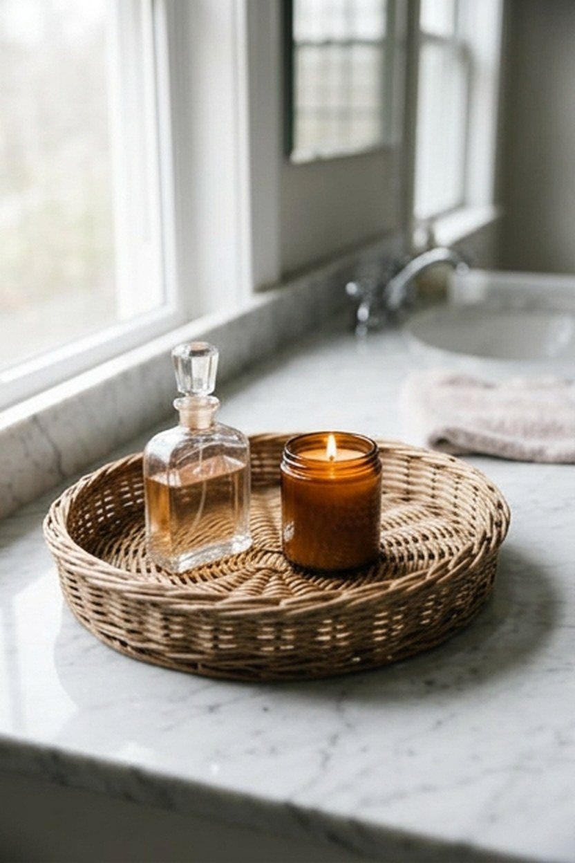 A wicker vanity tray organizing items on a bathroom counter