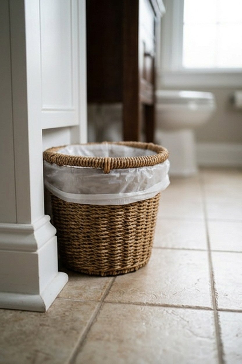 A wicker waste basket beside a bathroom vanity