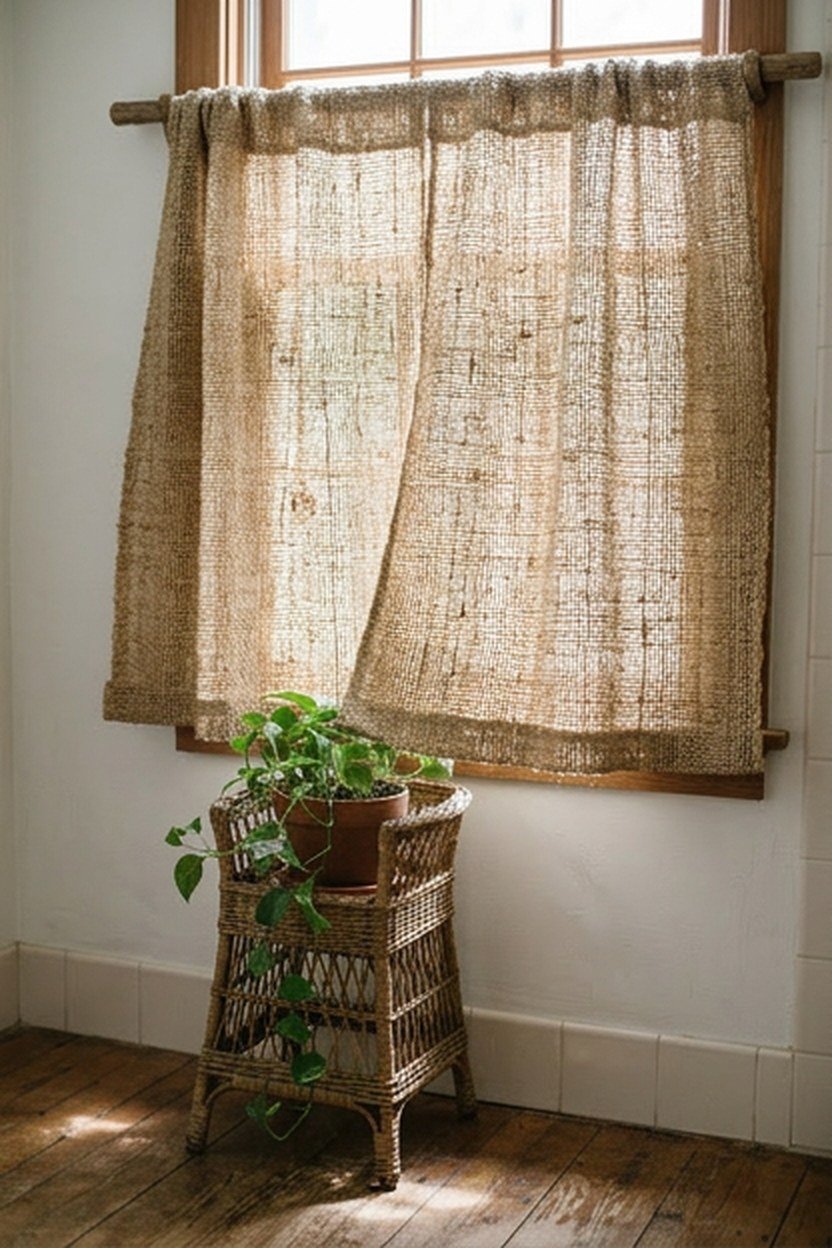 Woven natural fiber curtain panels over a bathroom window