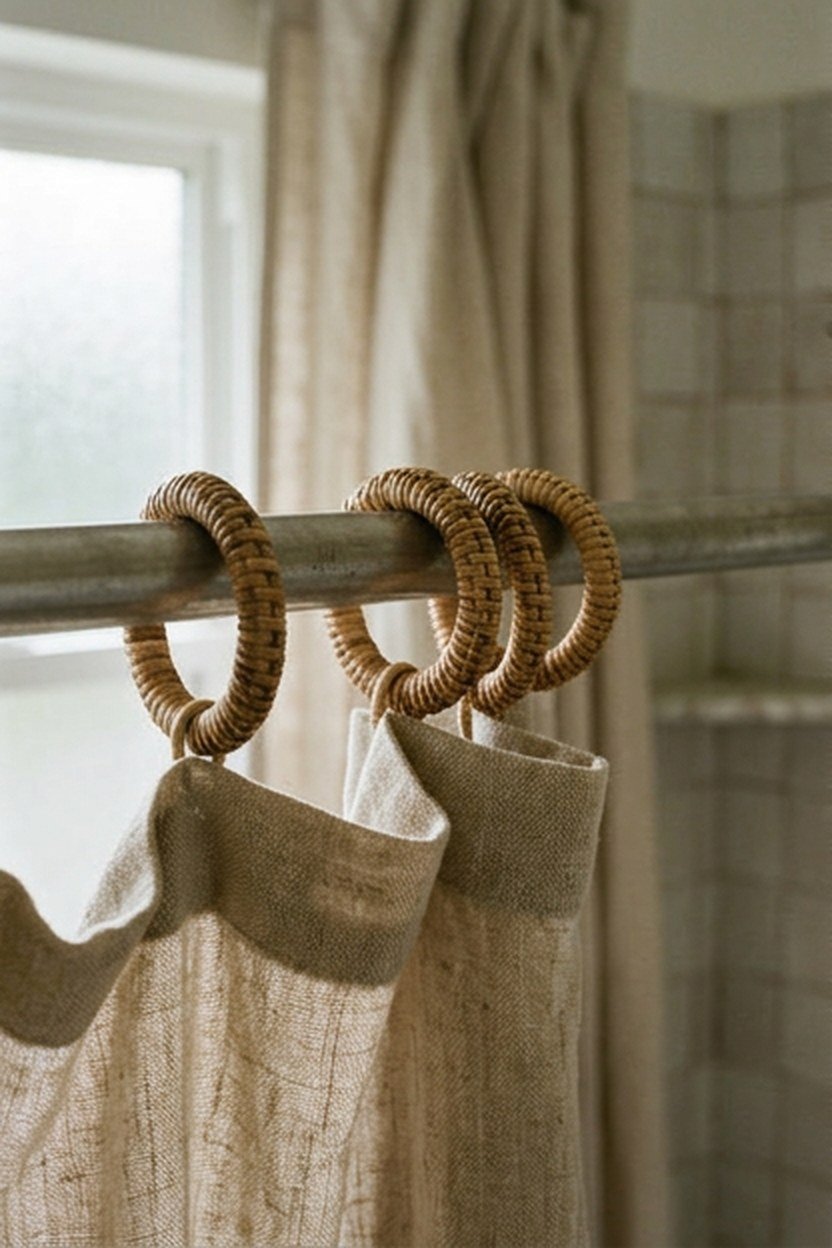 Wicker wrapped shower curtain rings on a bathroom curtain rod