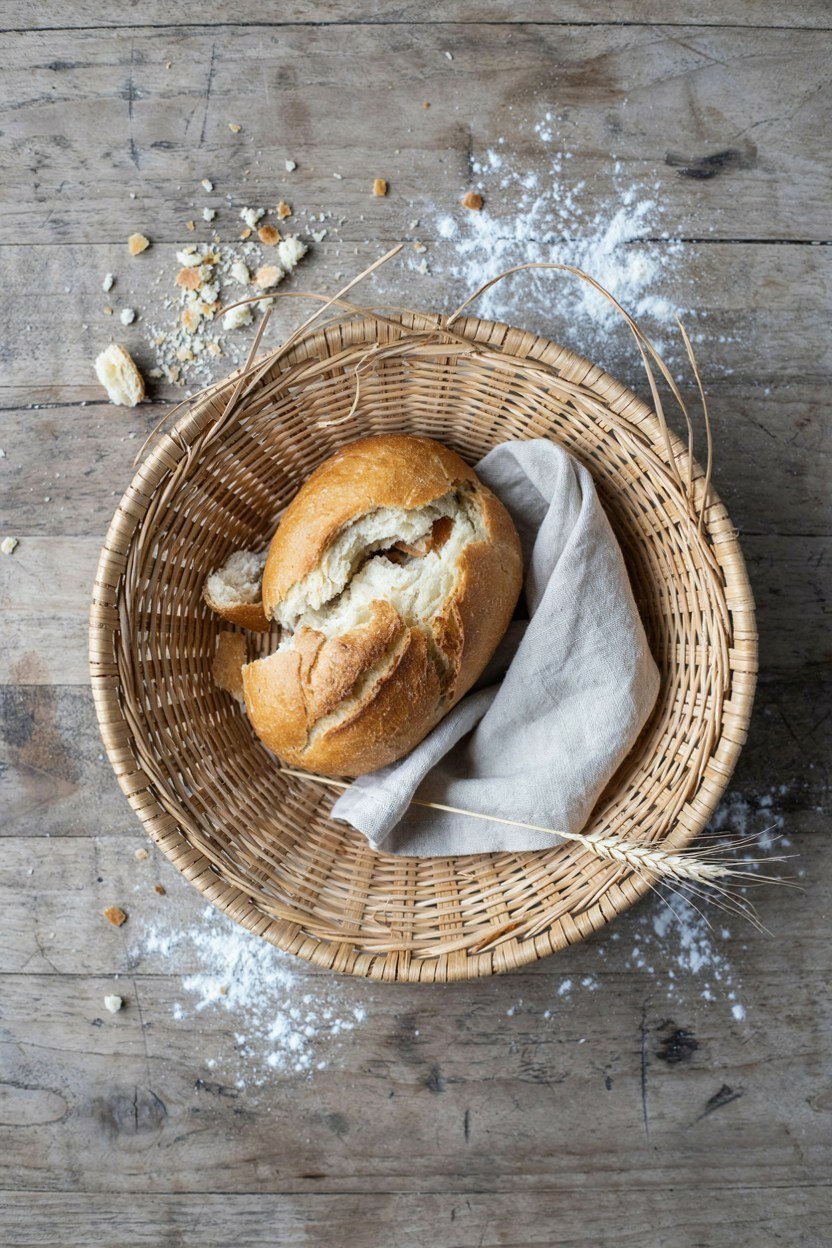 A shallow willow basket holding bread on a country kitchen table