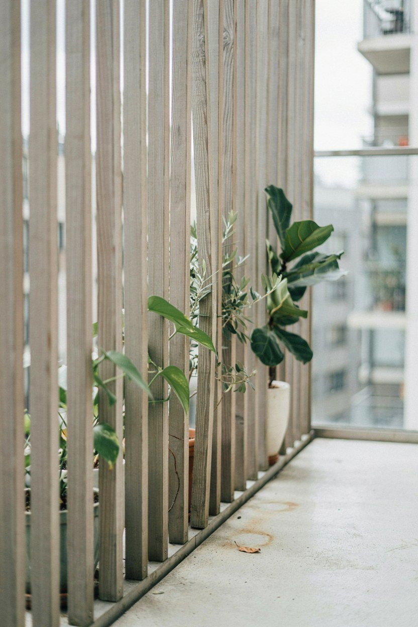 Slatted screen sheltering plants on a windy balcony