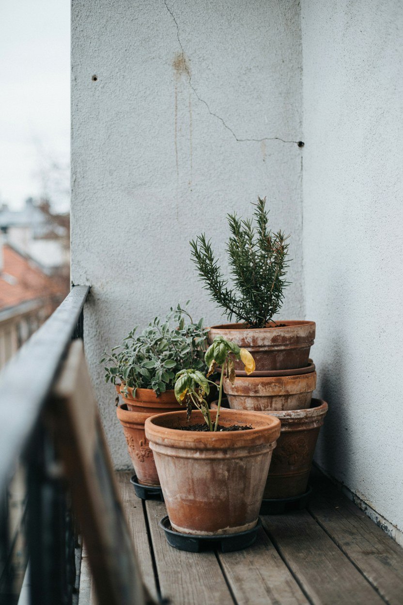 Balcony pots grouped against a wall for winter shelter