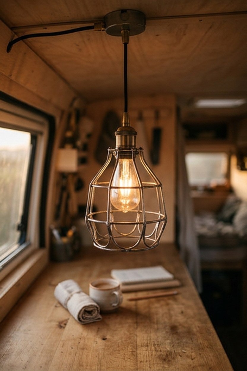 A wire cage pendant light hanging above a van work surface