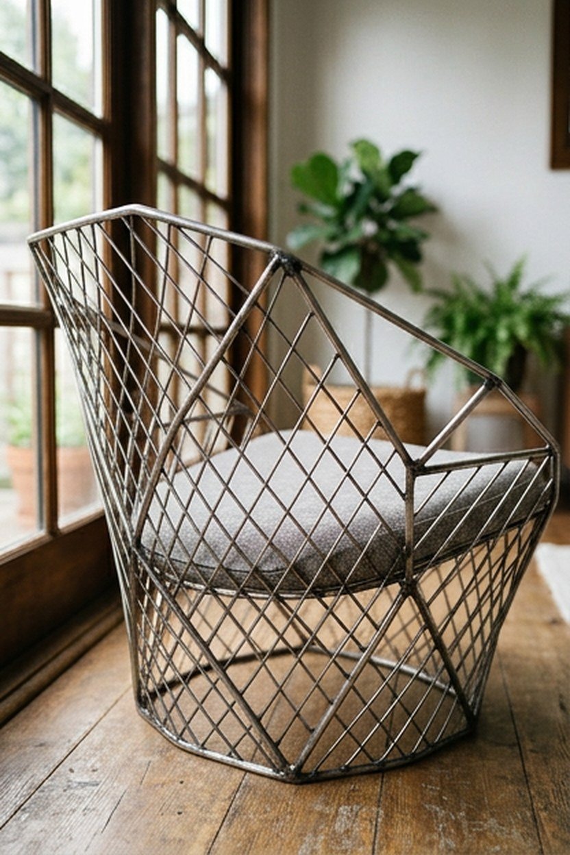 A faceted wire mesh chair with a small seat cushion