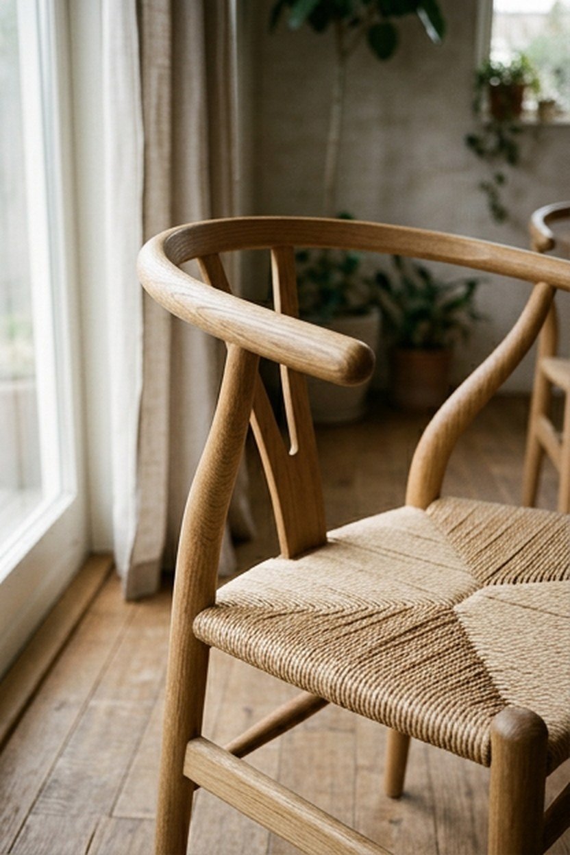 A wood wishbone style chair with a woven paper cord seat