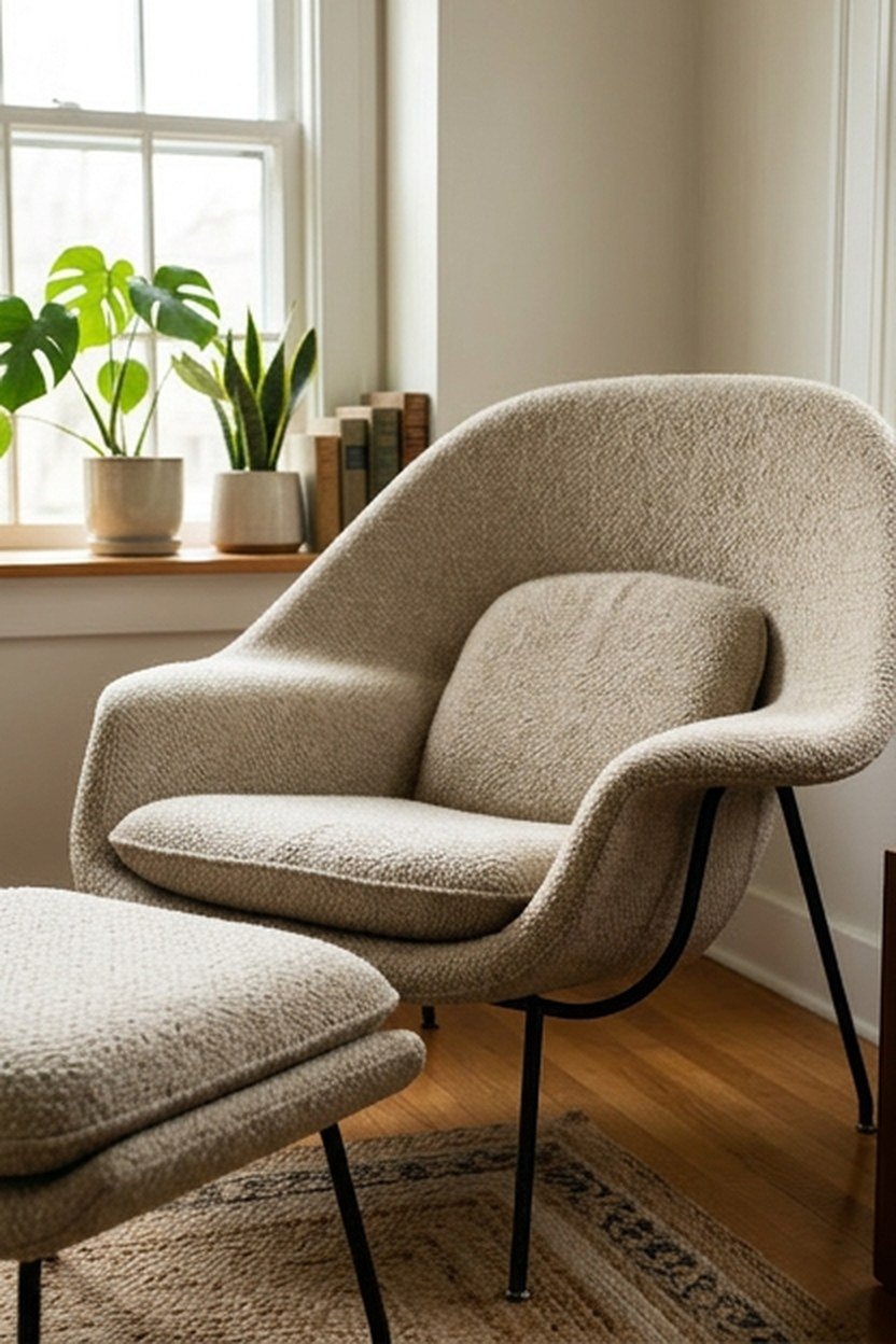A womb style chair and ottoman with fabric upholstery
