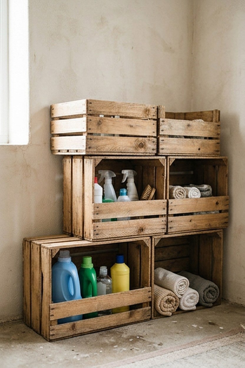 Stacked wood crates used as storage cubbies in a laundry room