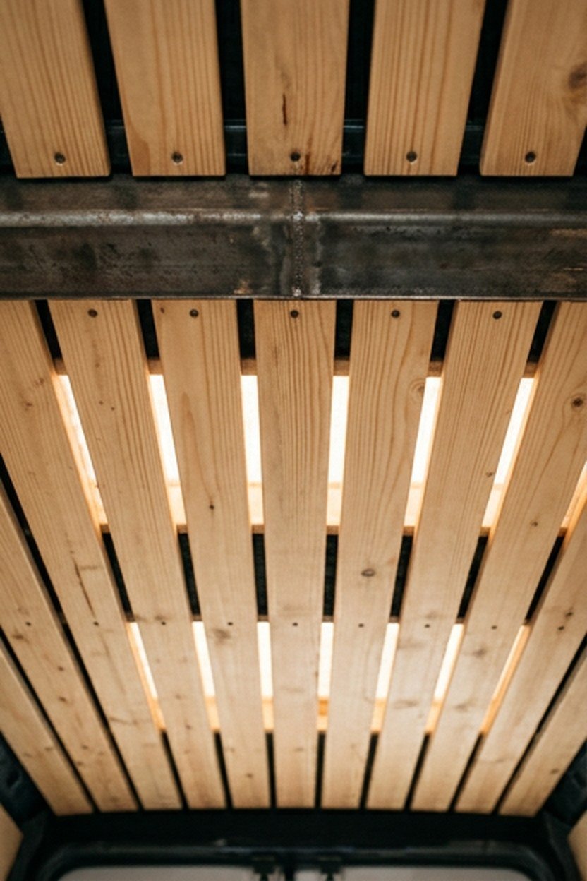 A wood slat ceiling with a steel beam accent inside a van
