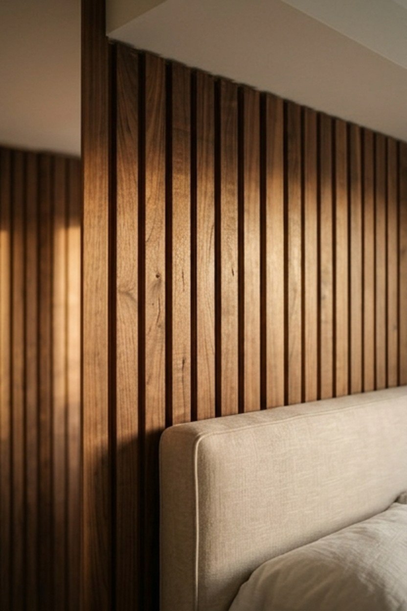 Wood slat wall paneling behind a bed in a luxury bedroom
