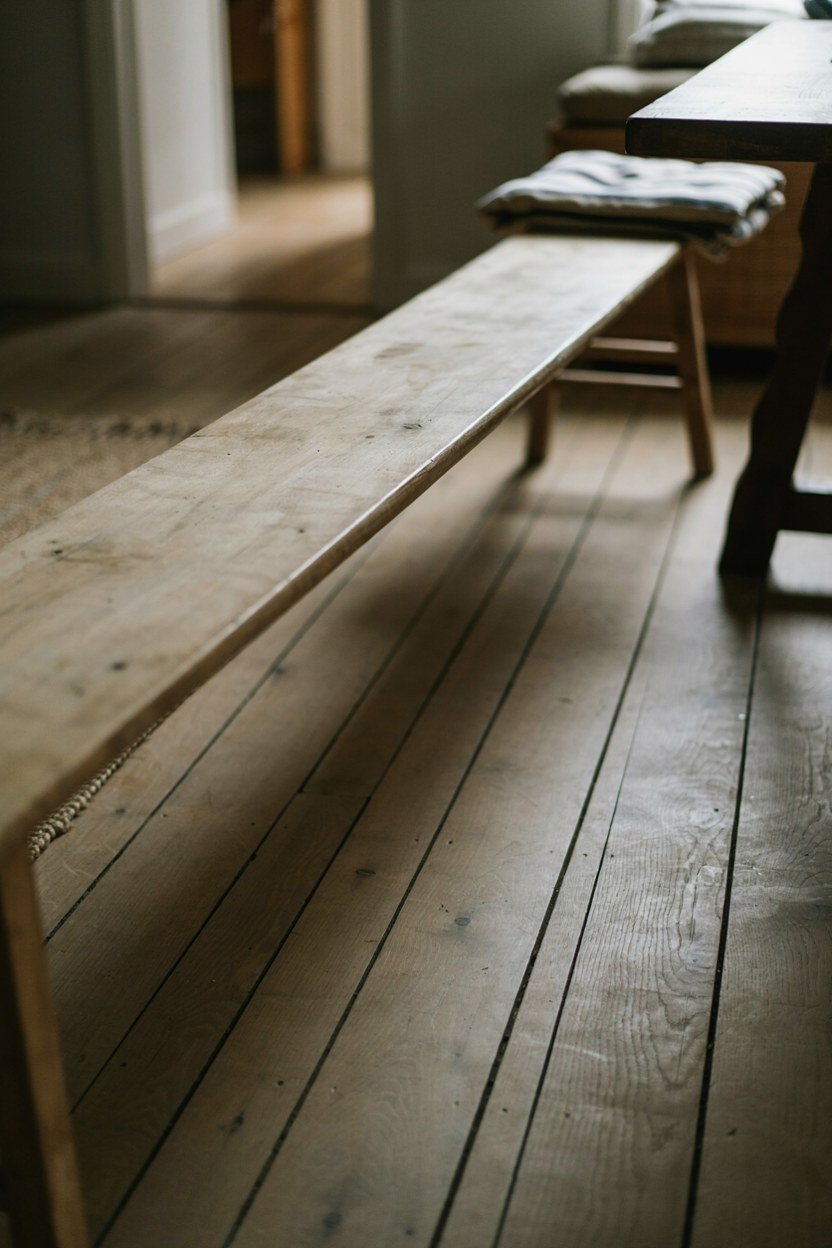 A long wooden bench tucked under one side of a country kitchen table
