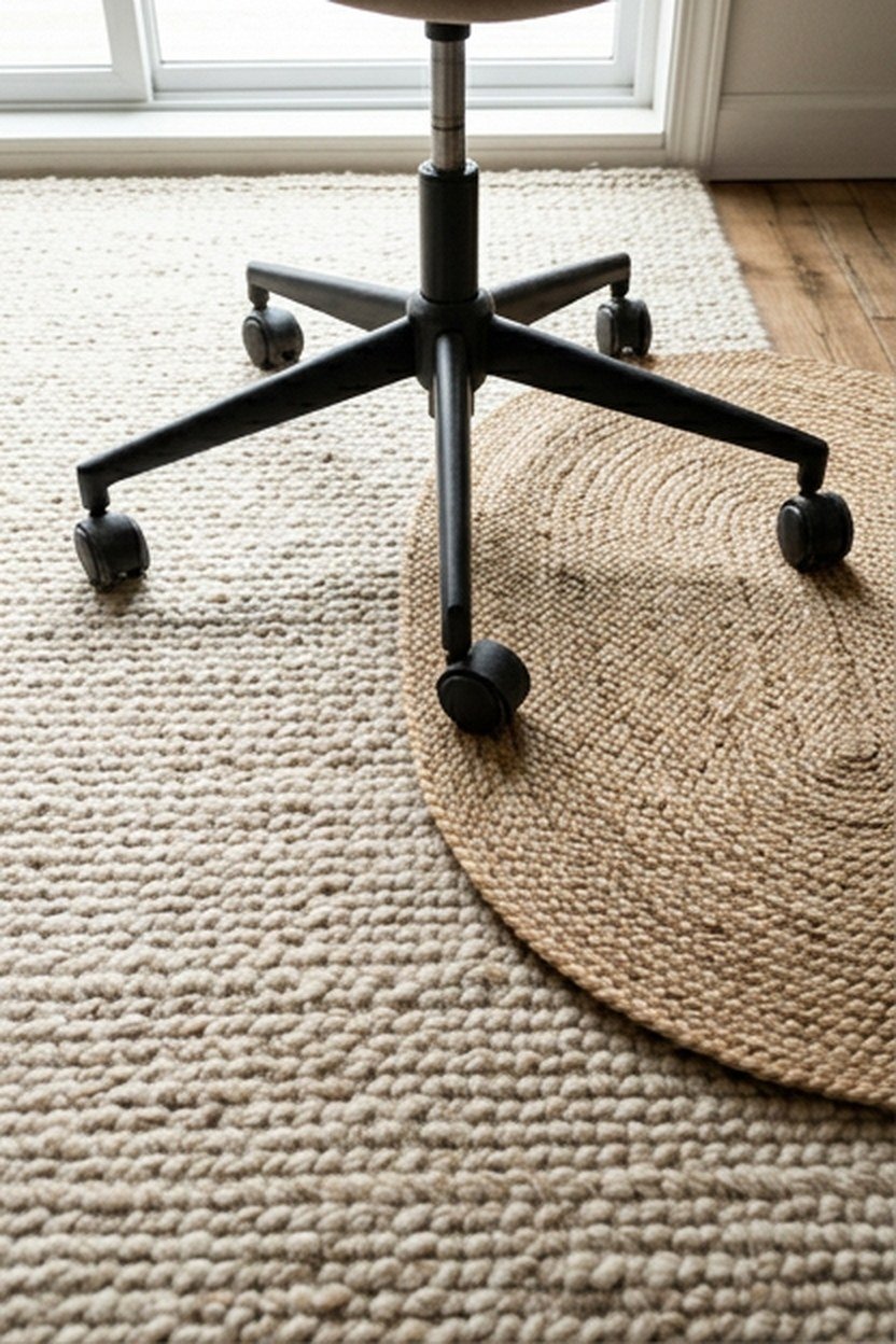 A layered wool area rug underfoot in a home office