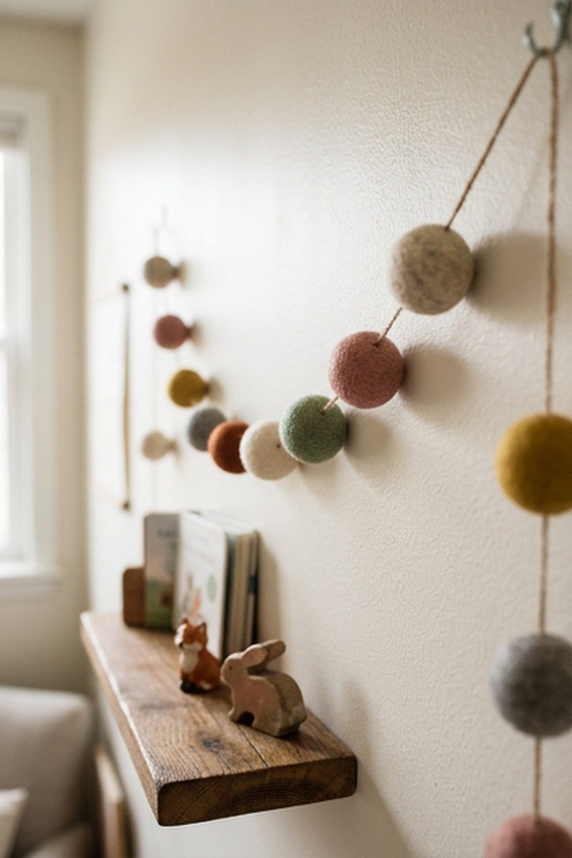 A wool felt ball garland hung on a kids bedroom wall