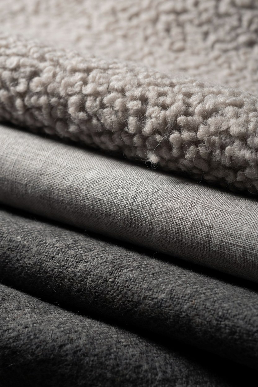 Wool, linen and boucle textures layered in a charcoal bedroom