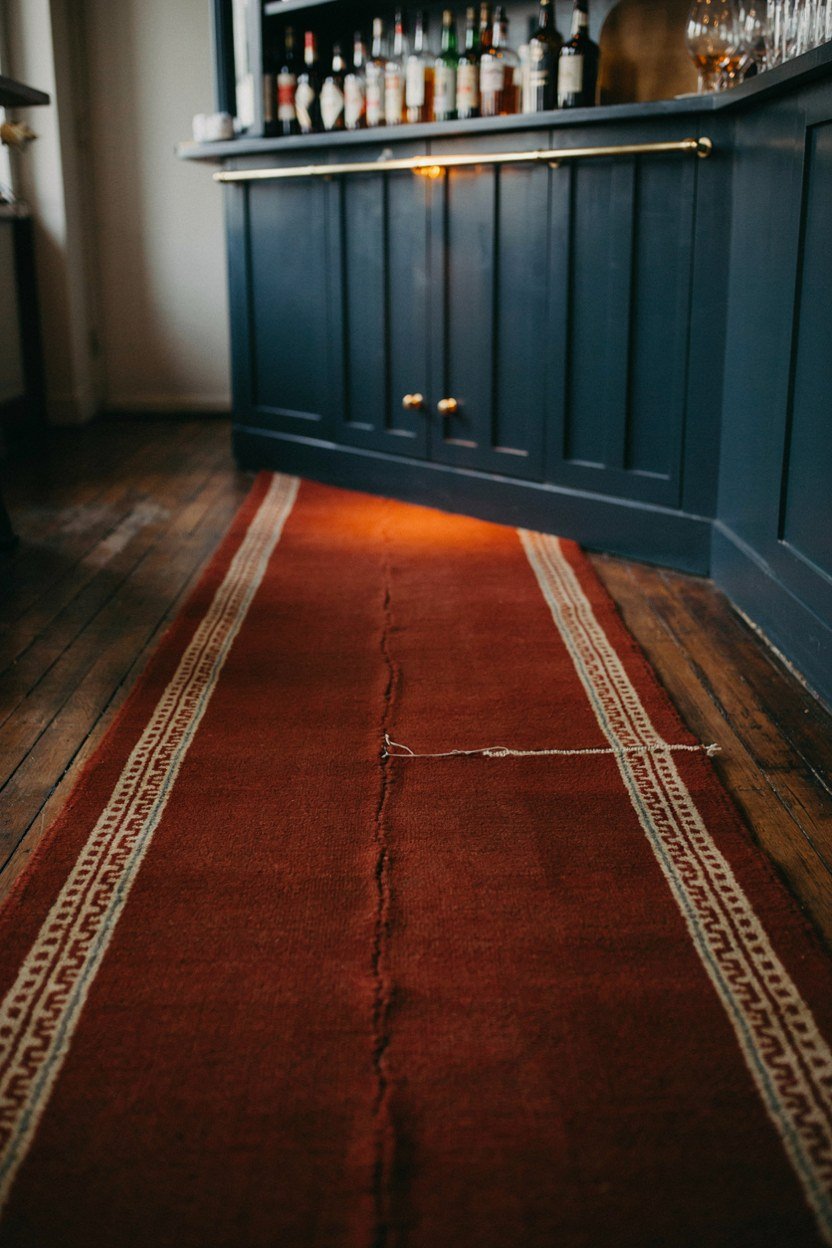 Narrow wool runner laid in front of a midnight blue bar cabinet