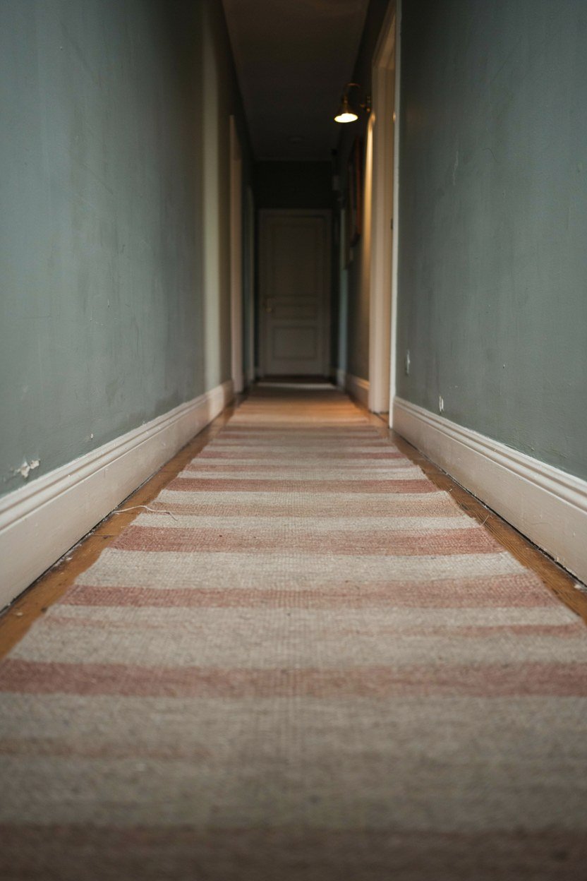 Flat weave wool runner laid along a narrow sage hallway