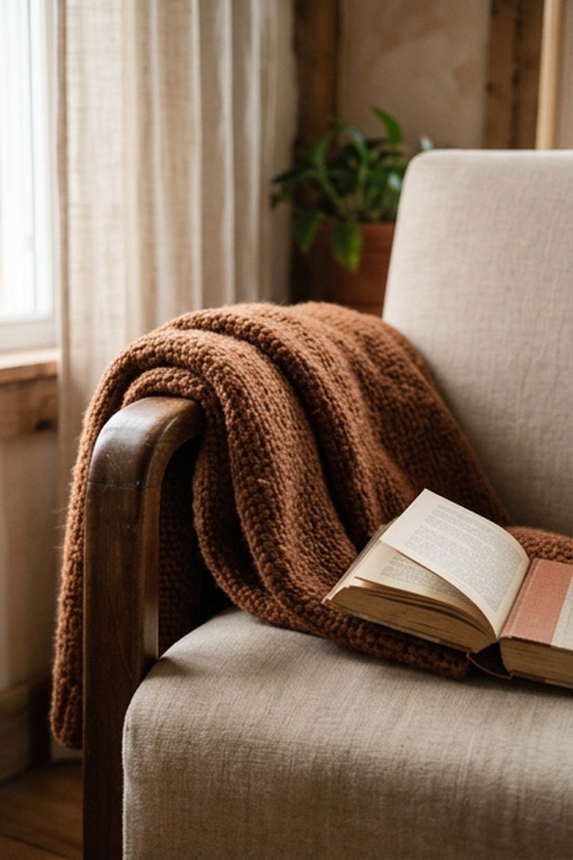 A wool throw blanket draped over a library reading chair