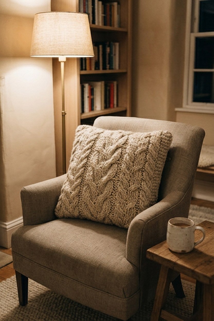 A wool throw pillow on a home office reading chair