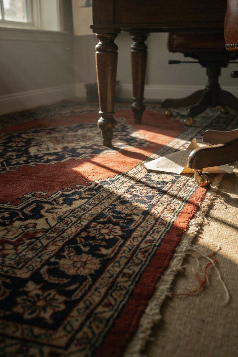 Faded antique wool rug laid under a desk and chair
