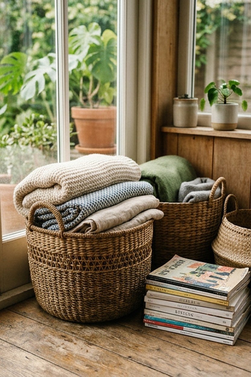 Woven baskets storing blankets and pillows in a sunroom