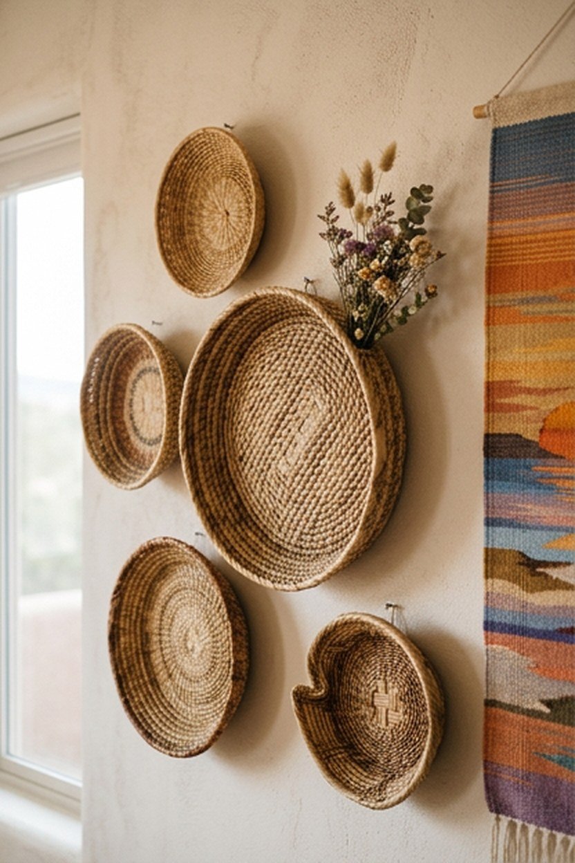 Woven basket wall accents arranged beside a sunset tapestry