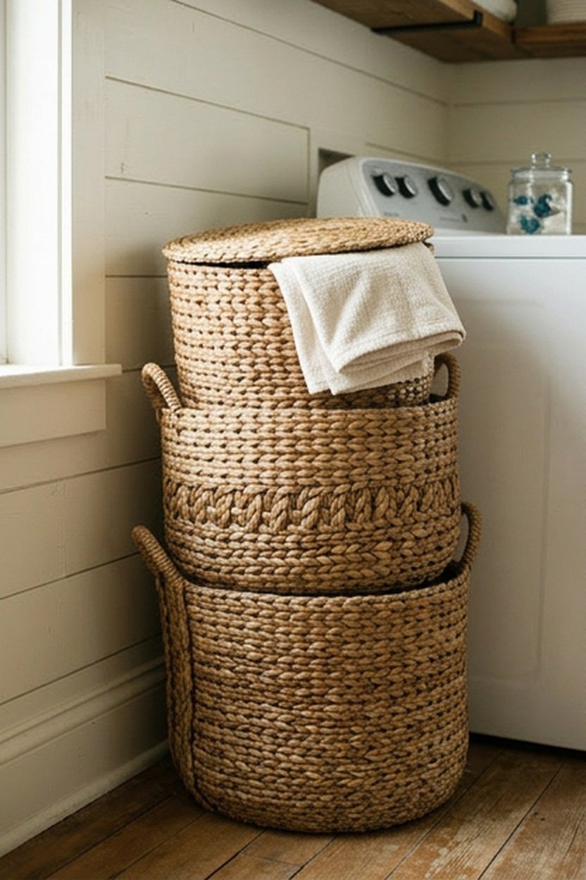 Woven natural fiber baskets used for laundry sorting