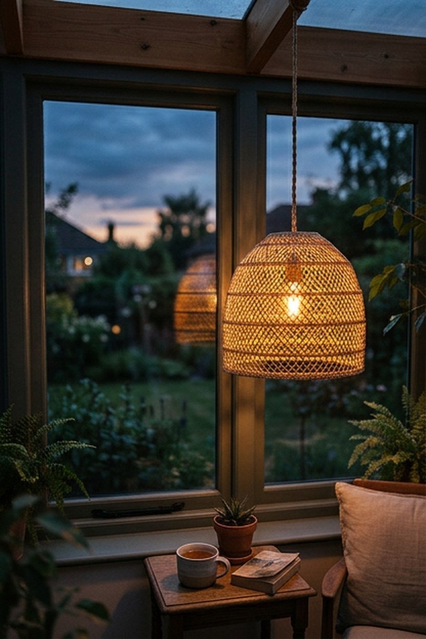 A woven lampshade providing textured ambient lighting in a sunroom