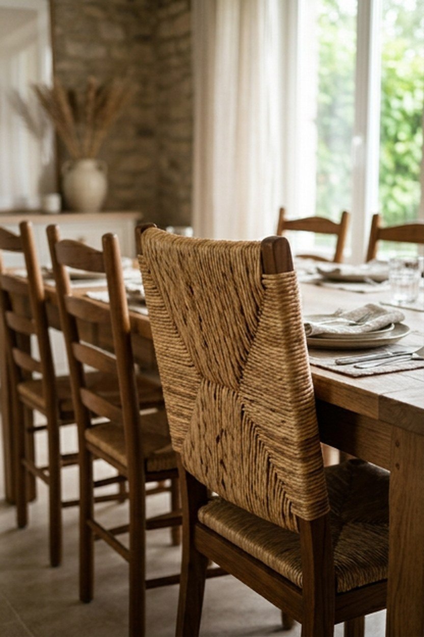 Woven rattan back dining chairs at the head of a farmhouse table