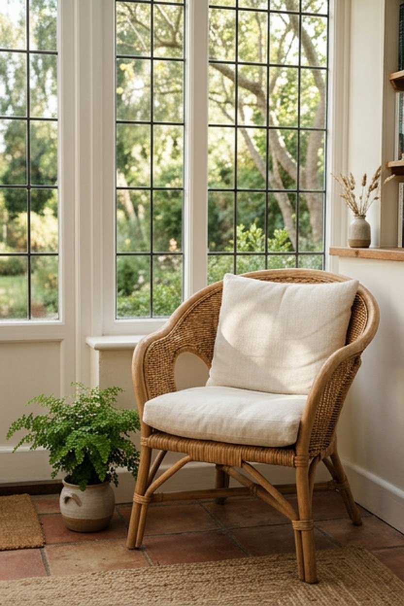 Woven rattan furniture with plush cushions in a sunroom