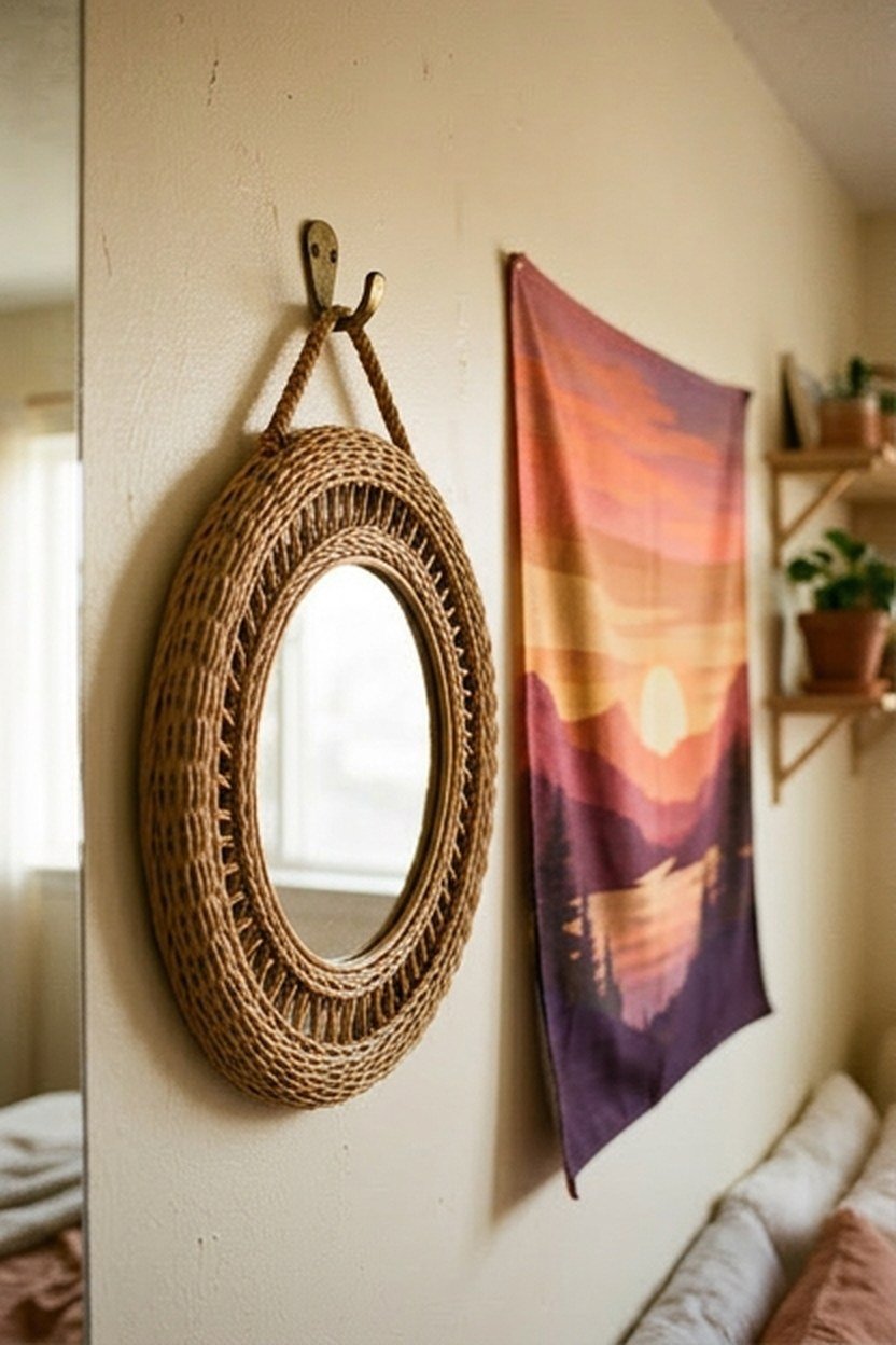 A woven rattan mirror mounted beside a sunset tapestry