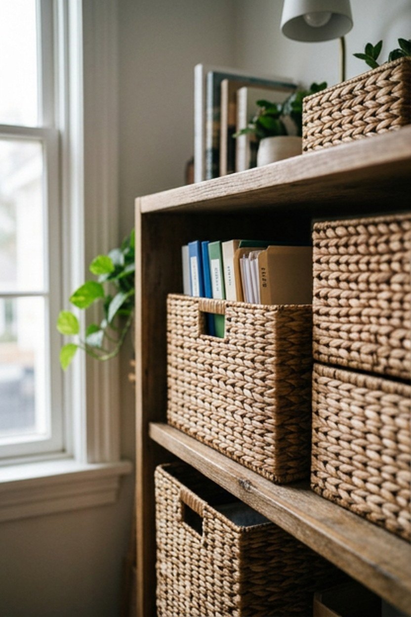 Woven rattan storage baskets stacked on an office shelf