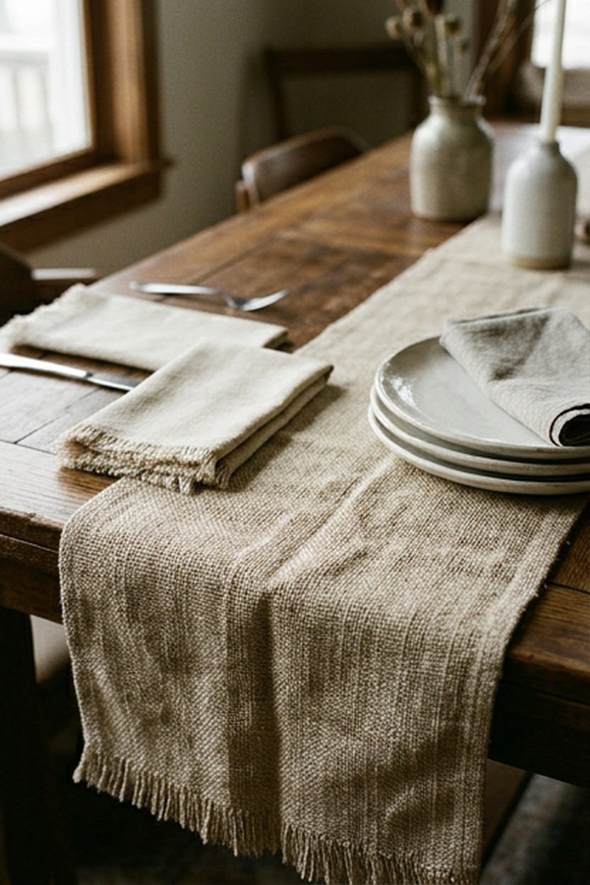 A woven linen table runner and matching napkins on a dining table