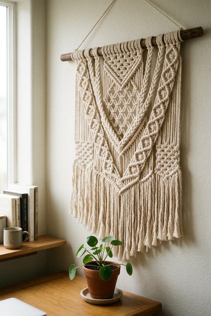 A woven wall hanging mounted behind a home office desk