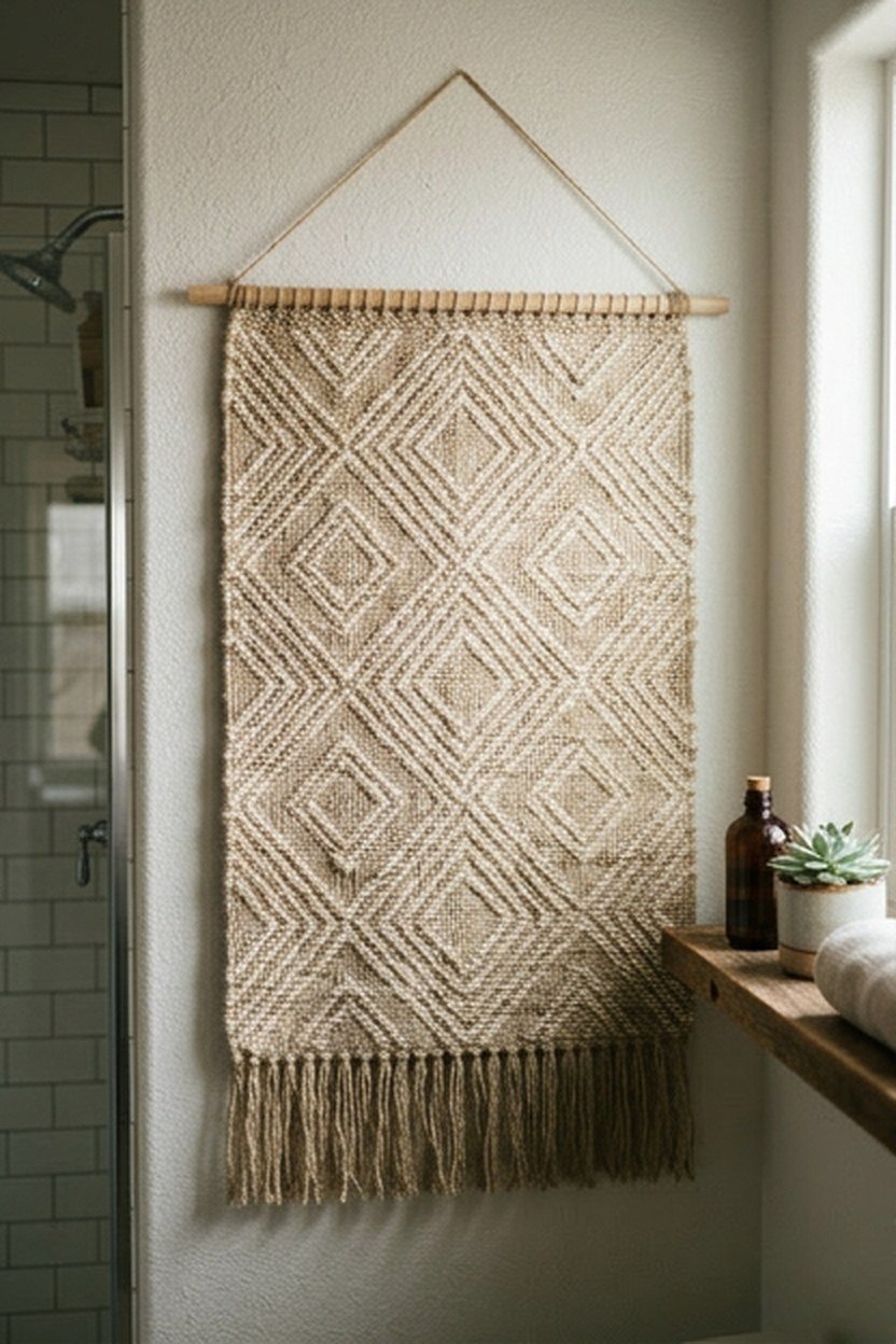 A flat woven wicker wall hanging on a bathroom wall