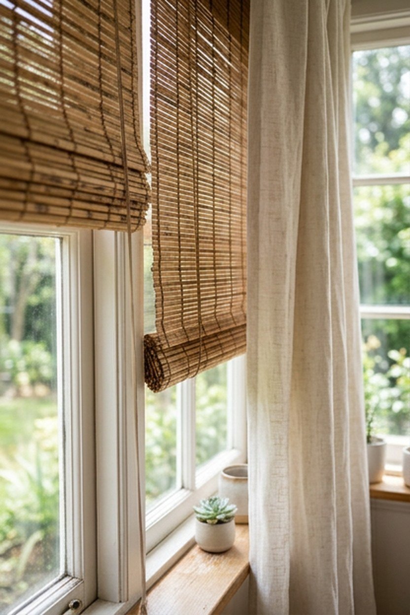 Woven wood blinds layered at a sunroom window