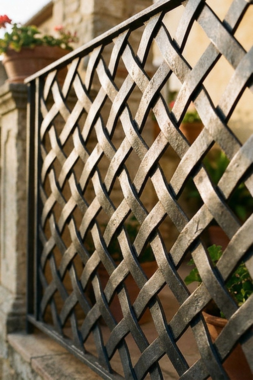 A wrought iron basket weave pattern on a Victorian balcony grill