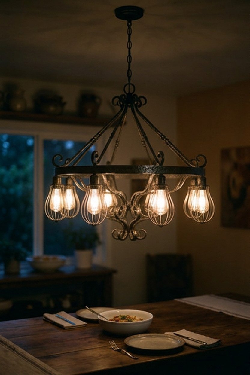 A wrought iron chandelier hanging above a farmhouse dining table