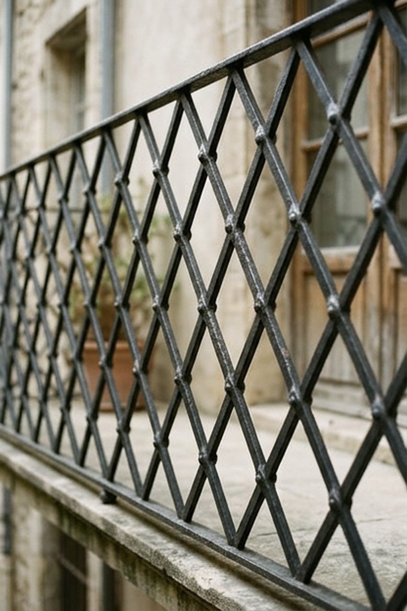 A wrought iron diamond lattice pattern on a Victorian balcony grill