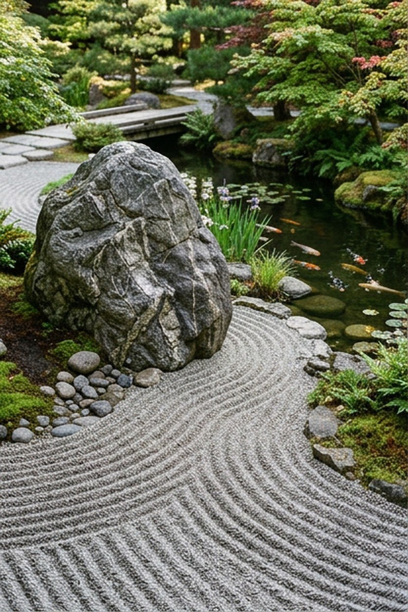 A zen garden surround with raked gravel and boulders beside a pond